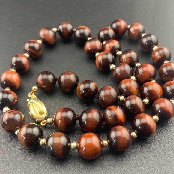 Vtg 9K Solid Gold Ball & 10mm Tigers Eye Beaded Necklace 18" - Lots of Gold - Picture 5 of 15